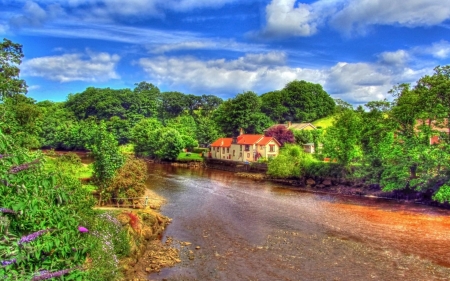 lovely house on the river bank hdr - house, river, trees, hdr, sky, bank