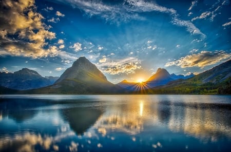 Reflection Lake - nature, sky, lake, landscape, reflection, clouds, mountains, sunset