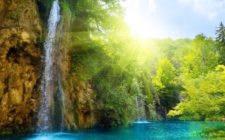 sunny waterfall - water, tree, waterfall, cliff