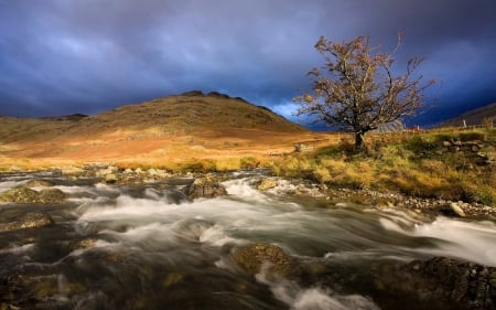 wild river - sky, hill, tree, river