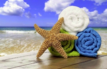 ✿⊱•╮Beach Towels╭•⊰✿ - clouds, summer, beaches, sea, starfish, lovely still life, nature, love four seasons, towels, sky