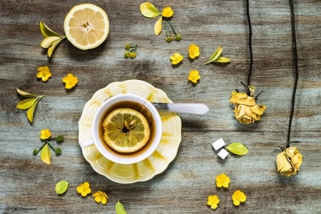 Tea time - flower, tea, fruit, yellow, slice, cup, lemon, wood