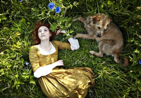 Poldark (2015– ) - yellow, tv series, girl, dog, grass, flower, redhead, Eleanor Tomlinson, poldark, green, woman, acvtress