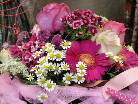 Bouquet of Flowers - daisies, blossoms, carnations, rose, colors, petals, gerbera