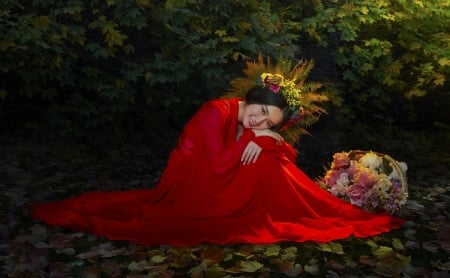 Art Photography - woman, flowercrown, serene, female, girl, photography, gown, fantasy, asian, art, pretty, red, beautiful, digital