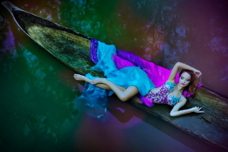 Beauty in a Boat - pretty, elegant, female, blue, boat, fashion, dress, serene, purple, nice, art, resting, beautiful, photography, girl, woman, model