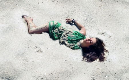 Buried in sand - sand, girl, brunette, model