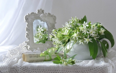 Still Life - vase, music sheet, angel, reflection, still life, music notes, flowers, mirror, notes