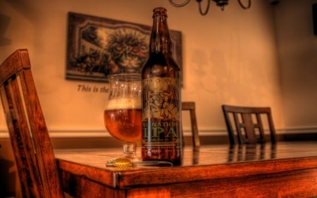 beer on a bar table hdr - chair, glass, beer, bar, table, bottle, hdr