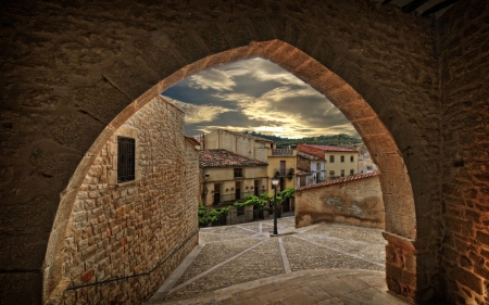 going down on old town street hdr - street, town, hdr, arc, down, stones