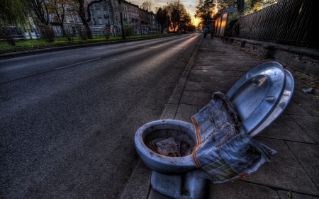 a toilet on the street hdr - toilet, street, newspaper, hdr, city, fence