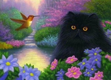 In the Garden - stairs, black cat, roses, animals, spring, painting, artwork, hummingbird, paintings, garden, pond, attractions in dreams, cat, draw and paint, bird, love four seasons, cats, flowers