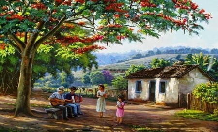 Country Life - nature, painting, people, beautiful, house