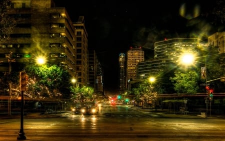 street at night in austin texas hdr - street, lights, buses, city, night, hdr