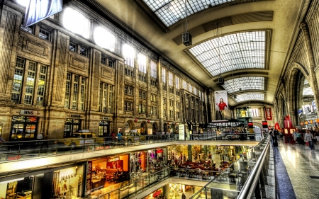 mall scene in hdr - mall, stores, floors, walkways, ceiling, hdr