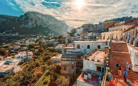 beautiful mountainside town on a sunny day - veranda, town, sunshine, valley, mountain