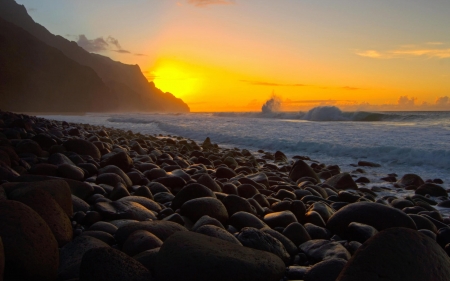 stones on kalalua bay at sunset - beach, surf, sunset, stones, sea, waves