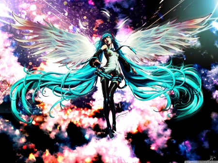 miku - angel, miku, hair, wings