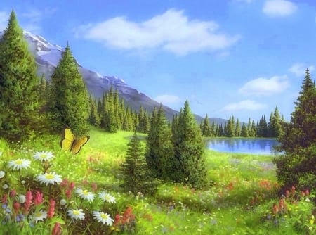 Mountain Meadow - clouds, summer, attractions in dreams, grass, meadow, flowers, butterfly designs, nature, mountains, lakes, love four seasons, sky