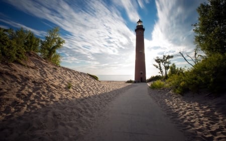 Lighthouse - nature, lighthouse, tree, road