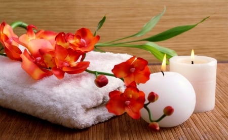 Spa background - pretty, relax, spa, beautiful, fragrance, flame, lovely, still life, flowers, scent, candles, background