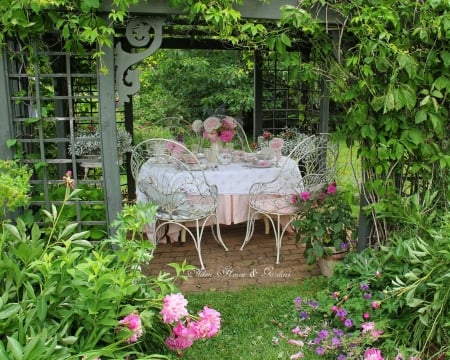 Aiken House & Garden - blossoms, plants, bouquet, table, porcelain, chair