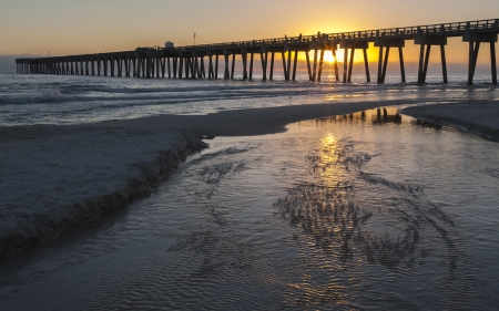 Pier - beach, pier, nature, sunset