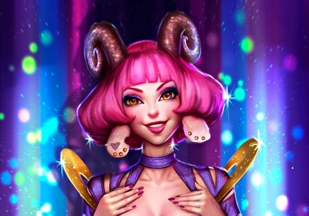 Zodiac ~ Aries - aries, purple, pink, zodiac, ayyasap, girl, blue, art, fantasy, glitter, luminos, horns