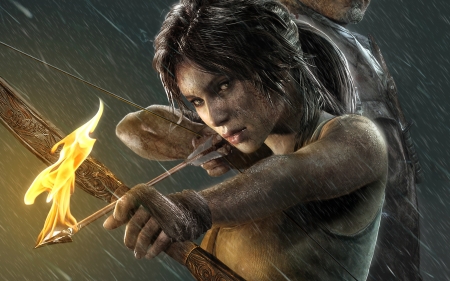 Lara Croft - game, archer, girl, arrow, dark, fantasy, fire, woman, Lara Croft, strahl