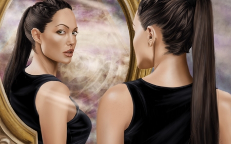 Lara Croft - black, game, fantasy, mirror, Angelina Jolie, tomb raider, Lara Croft, art