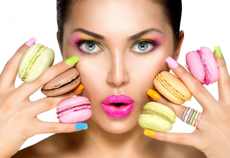 Sweet make-up - woman, beauty, girl, make-up, cookies, model, face, yellow, pink, blue, lipstick, nails