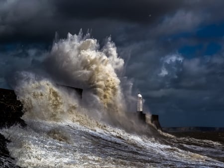 Waves and Lighthouse - nature, sky, lighthouse, ocean, sea, waves