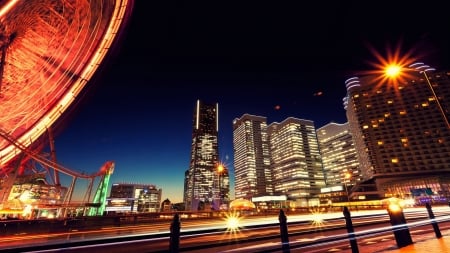 ferris wheel lights in yokohama japan - ferris wheel, night, city, highway, lights