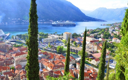 bay at kotor montenegro - trees, ship, city, mountains, bay