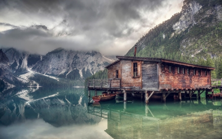 cabin on lake braies in south tyrol hdr - lake, mountains, clouds, stilts, cabin, hdr