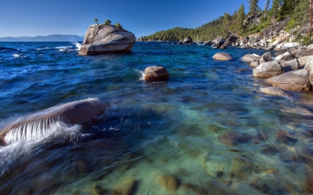 gentle waves on lake tahoe shore - lake, rocks, waves, shore