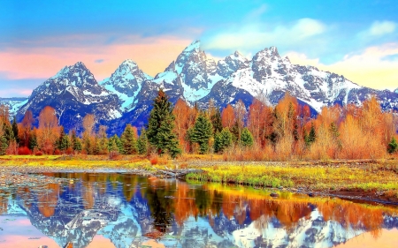 amazing mountains reflections hdr - lake, forest, mountains, reflections, hdr, autumn