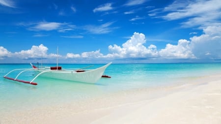 Paradise Boat - summer, coast, blue, beach, boat, island, holidays, sand, isle, shore, SkyPhoenixX1, tropic, sky, sun, clouds, water, vacation, sea, sunshine, ocean, nature, season, tropical, waves