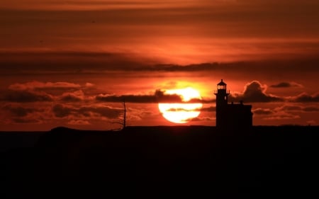 silhouette of lighthouse at sunset - lighthouse, sunset, sihouette, sun