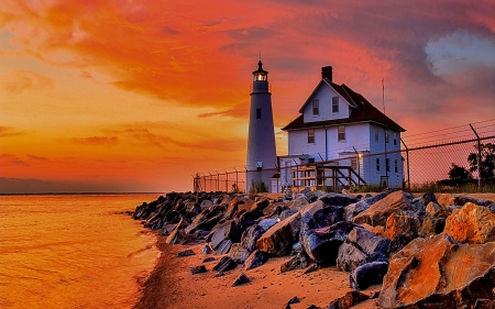 lighthouse at orange sea and sky hdr - sky, lighthouse, rocks, orange, sea, shore, hdr