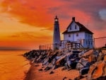 lighthouse at orange sea and sky hdr