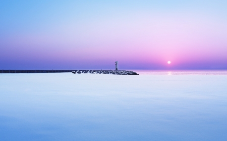 lighthouse on pier at dawn - dawn, horizon, lighthouse, sea, pier