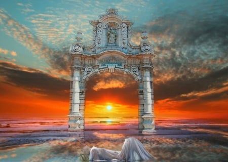 Arch of heaven - woman, arch, sunset, heaven