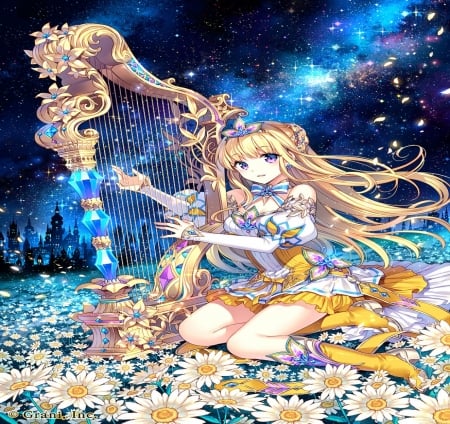 Night Song - girl, harp, magic, music, long hair, fantasy, cg, game, card, blonde