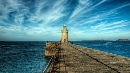 lighthouse on a stone pier hdr - lighthouse, hdr, sea, stones, sky, pier