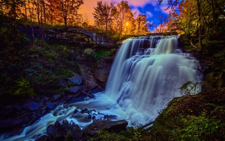 gorgeous waterfall hdr - trees, cliff, sunset, hdr, waterfall, foam