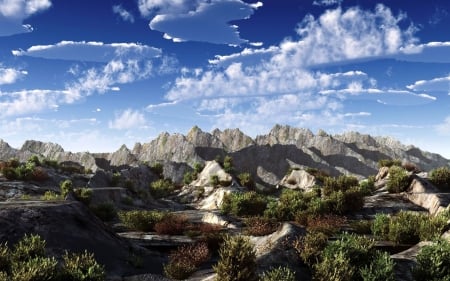 majestic knife edge mountains - clouds, bushes, cliffs, mountains, foothills