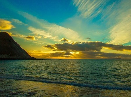 Horizon Sunset - nature, horizon, ocean, beach, clouds, mountains, sunset, sea