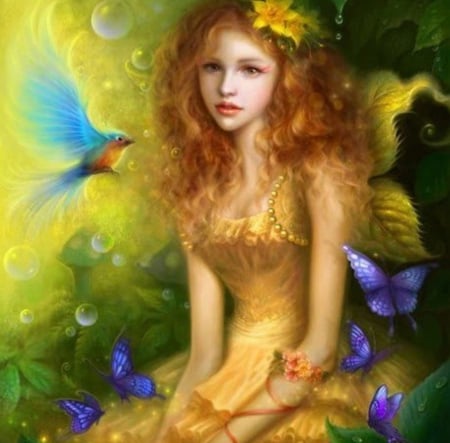 DELICATE FAIRY - WINGS, DRESS, FAIRY, FEMALE, BUTTERFLIES, YELLOW, BIRD