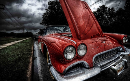 classic 61'  corvette in the rain hdr - street, car, red, rain, classic, hdr, hood